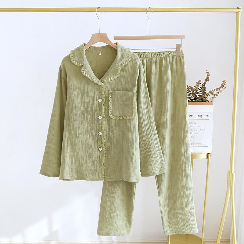 2025 Spring and Autumn New Women's Pajama Set 100%Pure Cotton Crepe Lapel Long Sleeved Pants Two Piece Set Fresh Loose Home Fury