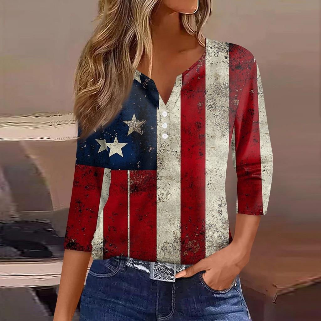 Women's T Shirt Tee Independence Day Printed Button  3/4 Sleeve Tunic Daily Weekend Fashion Basic V- Neck Regular Top