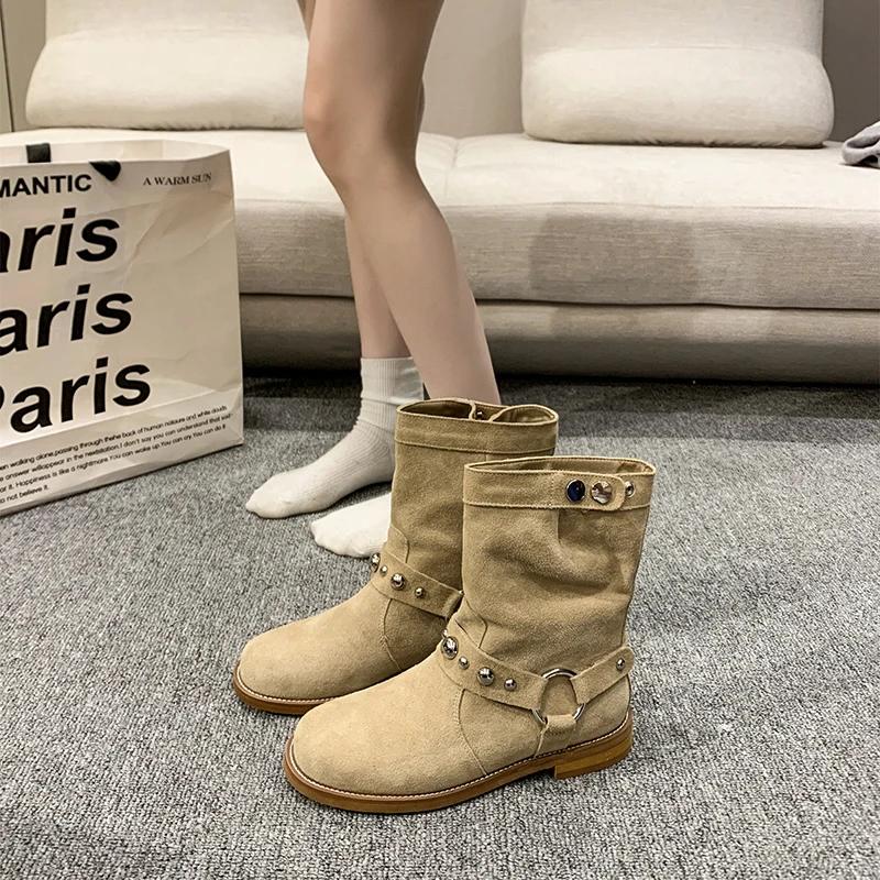 2024 Горячие продажи высококачественных коротких сапог для женщин с острым носком и пряжкой на плоской подошве для женщин Ковбойские сапоги в стиле вестерн для женщин
