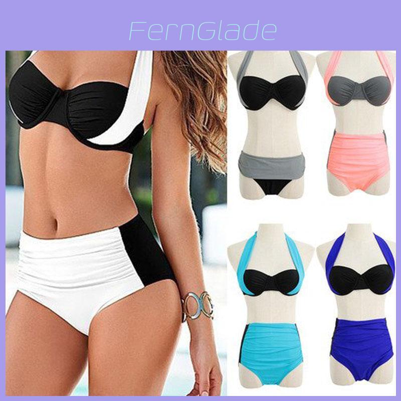 Bikini Women Set Contrast Block Halter Top High Waist Bottom Beach Swimwear