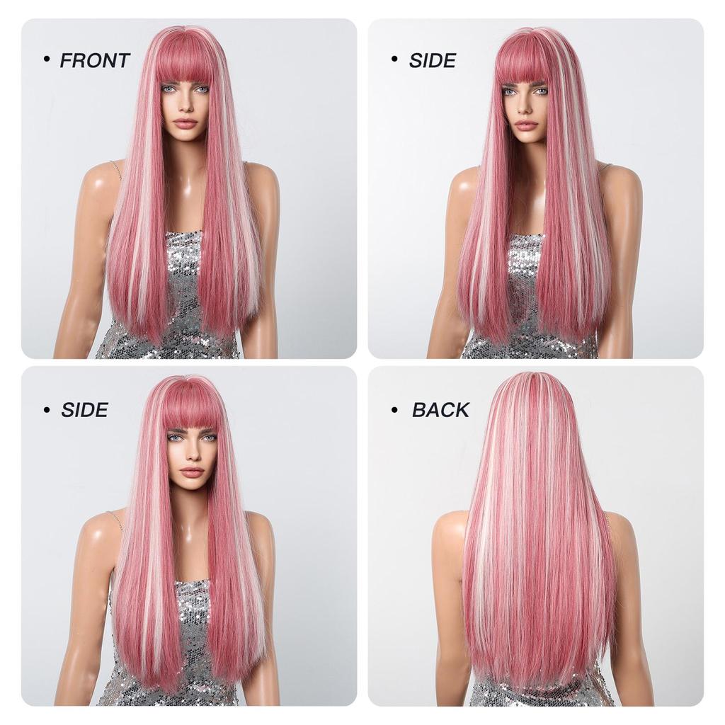 ALAN EATON Pink White Highlight Straight Wig Long Synthetic Wigs with Bangs Mixed Color Pink Party Wig for Women Cosplay Use