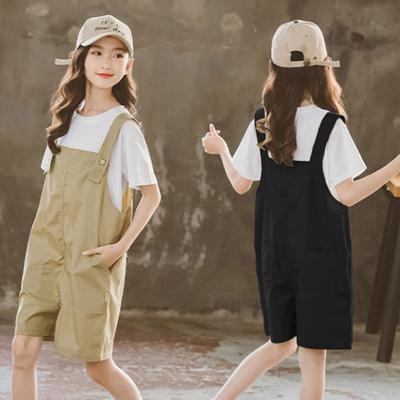 Детский костюм из 2 шт./компл., хлопковый однотонный топ с короткими рукавами + брюки-комбинезон, костюм для детей 7-12 лет