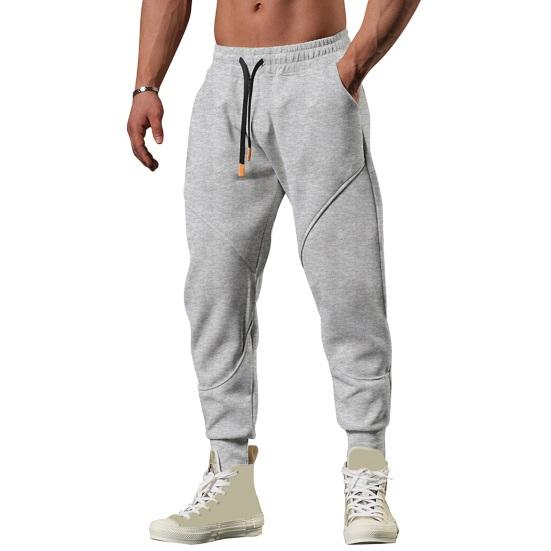 Spring Fall Men Pants Loose Drawstring Elastic Waist Pockets Ankle-banded Solid Color Patchwork