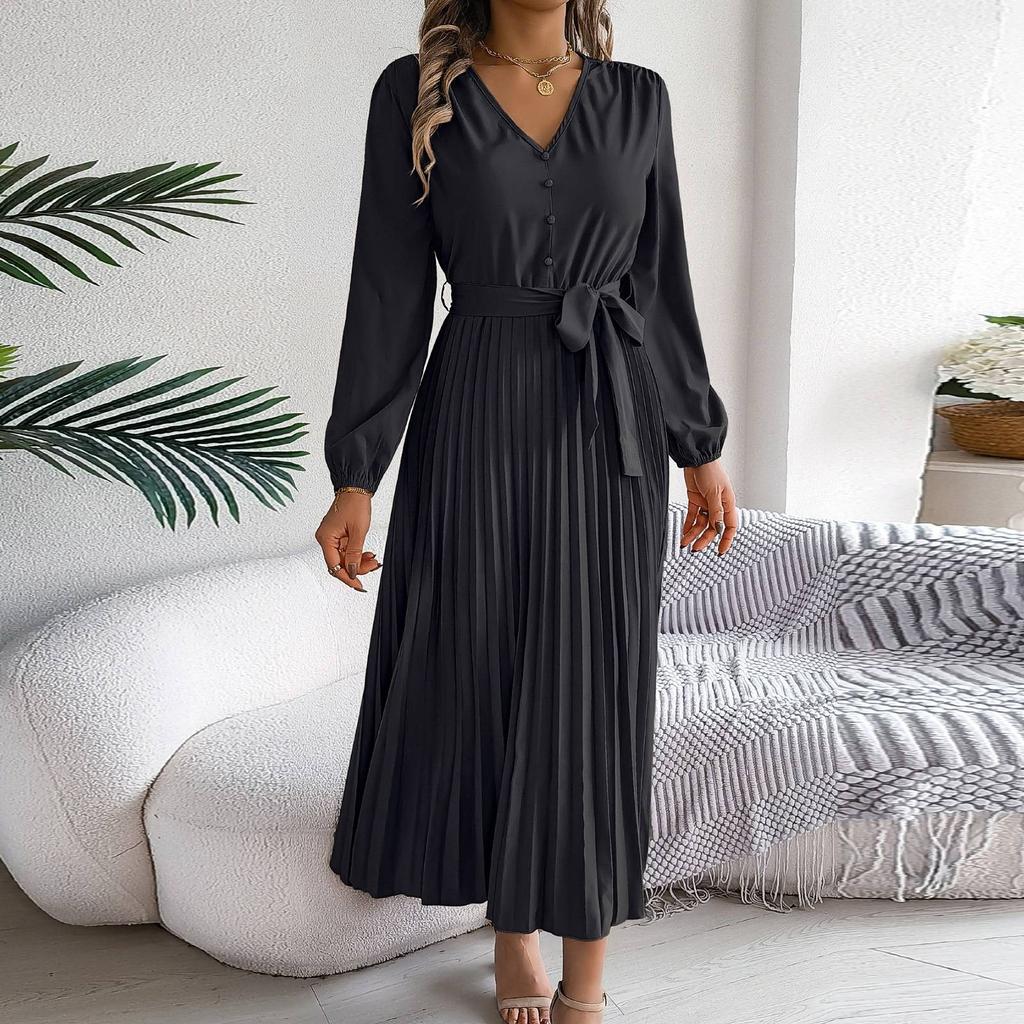 Женское модное ретро-платье в складку с V-образным вырезом, застежкой на пуговицы и длинными рукавами