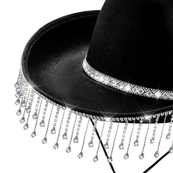 Шляпа ковбоя со стразами и кисточками, декорированная в стиле кантри, головной убор для вечеринок, фетровая шляпа с широкими полями, кепка ковбоя в стиле вестерн с пряжкой для вечеринок и фестивалей