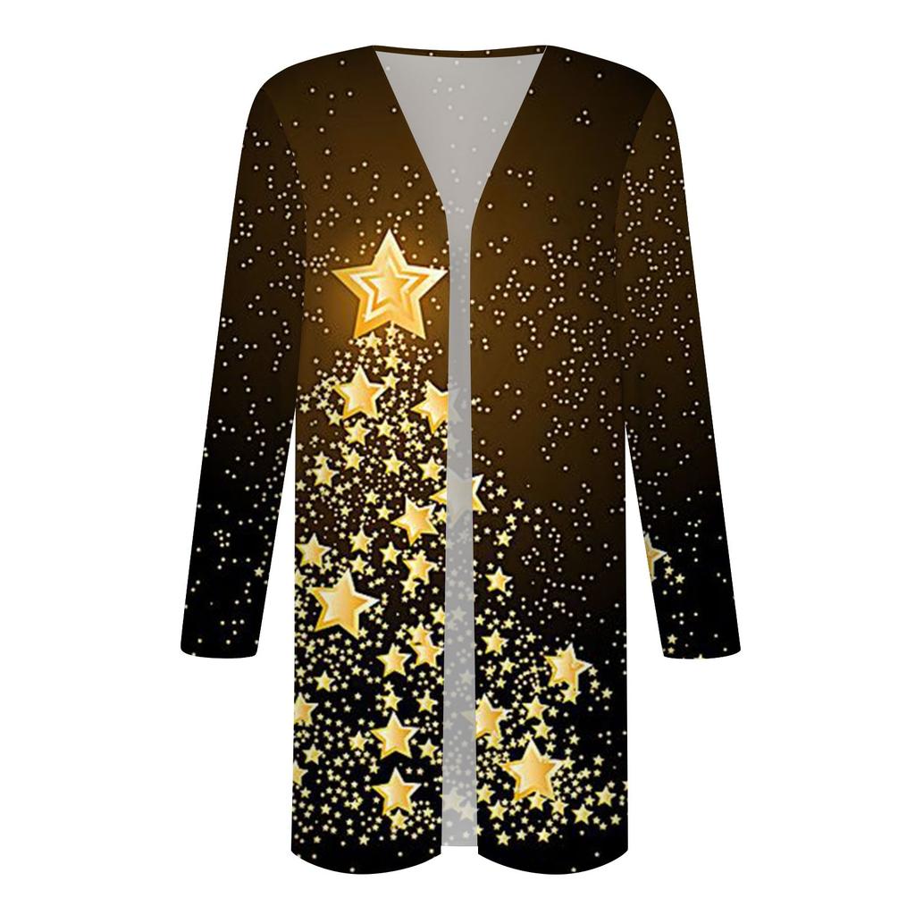 Женский кардиган с рождественским принтом и длинными рукавами спереди, легкая куртка с принтом