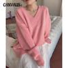 Осенне-зимний женский свитер, нежный, мягкий, однотонный, свободный пуловер с v-образным вырезом, свитер с длинными рукавами для ленивого ветра