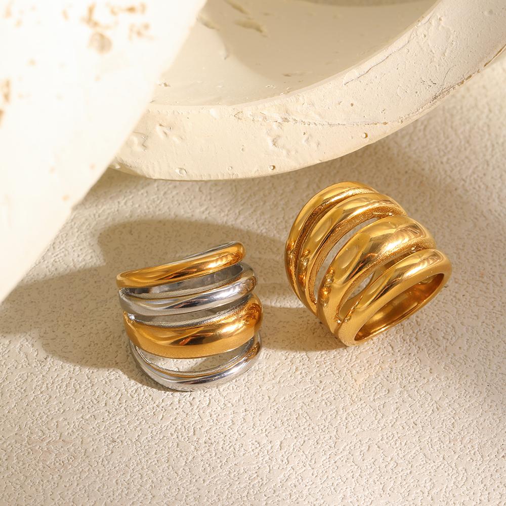 MamacitaSlay Unique 316L Stainless Steel Mixed Color Multilayer Ring 18K Gold Plated Waterproof Jewelry For Women Everyday Wear