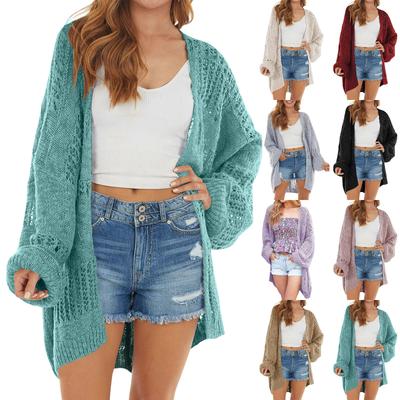 Женская мода сплошной цвет полый вязаный свитер повседневный расклешенный свободный кардиган с длинным рукавом