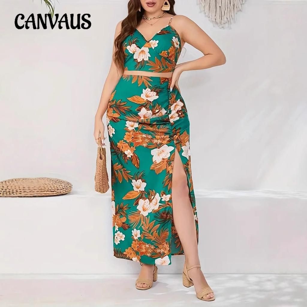 Women's Plus Size Camisole Top Printed Hem Split Sexy Halter Suit