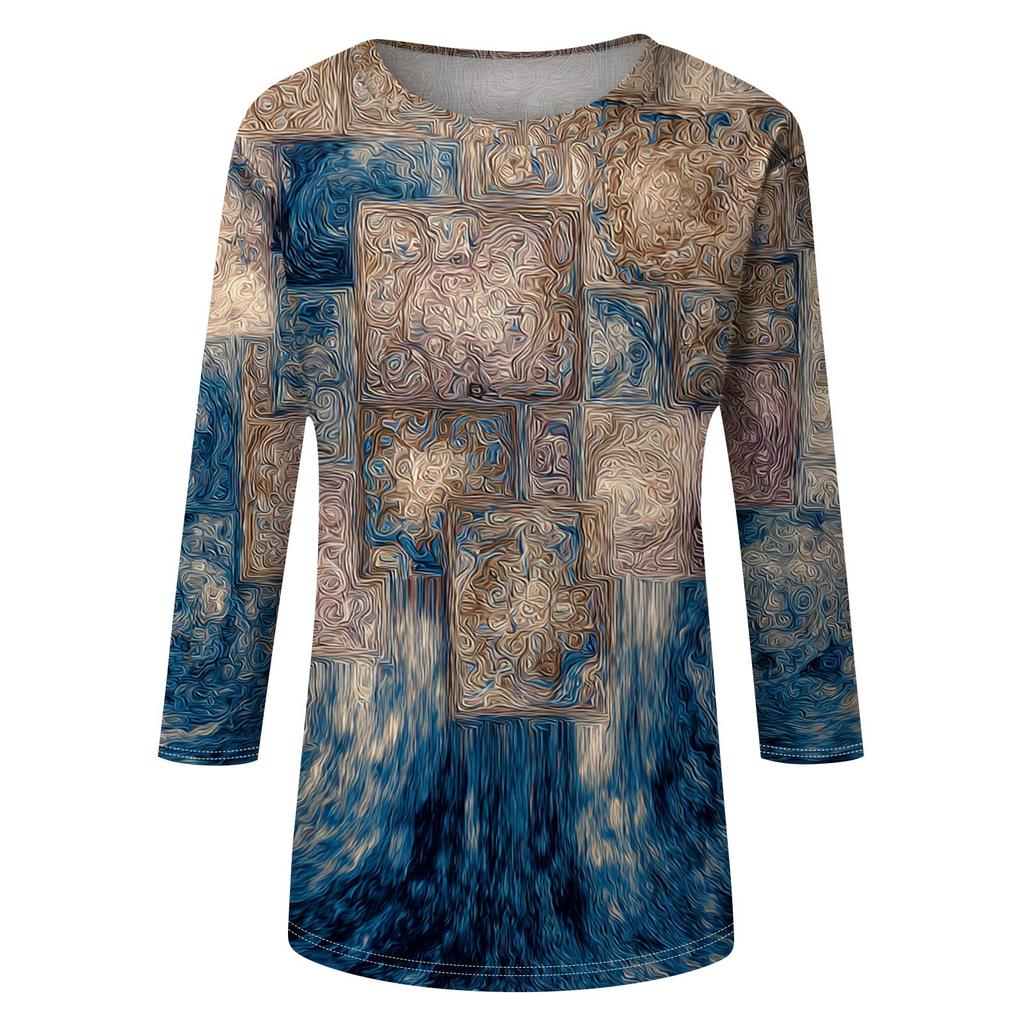 Модный винтажный топ с рукавом три четверти для женщин, женская повседневная блузка-футболка с круглым вырезом и принтом