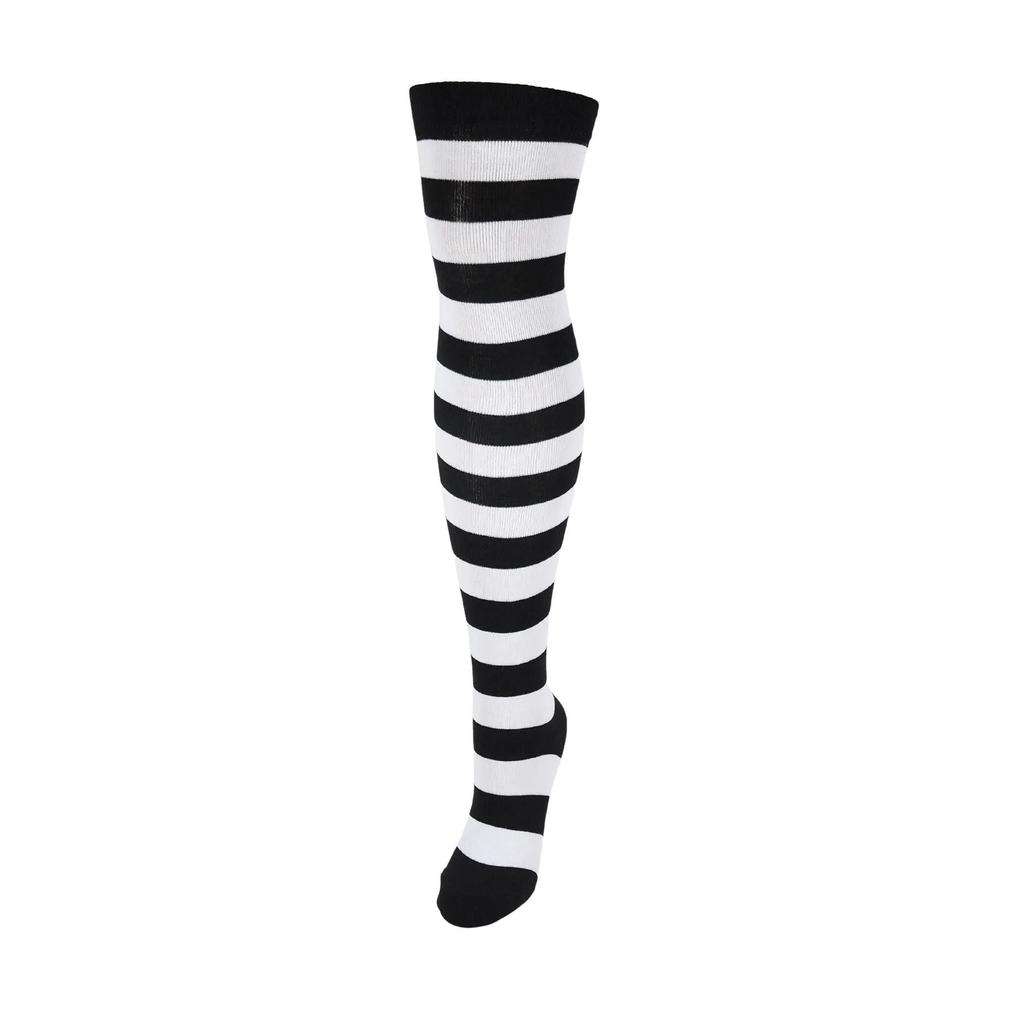Women's Black and White Striped Cotton Knee High Socks