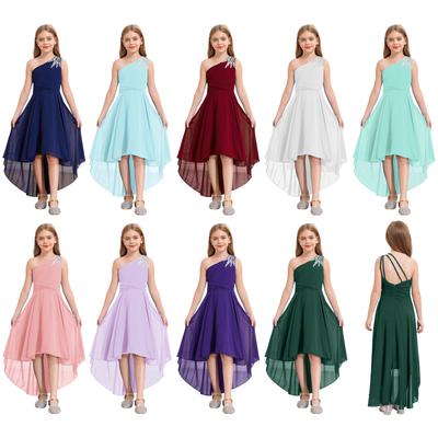 Элегантное свадебное платье на одно плечо для девочек, присборенное, с блестящим бисером, без рукавов, с завышенной талией, с высоким низким подолом, вечернее платье