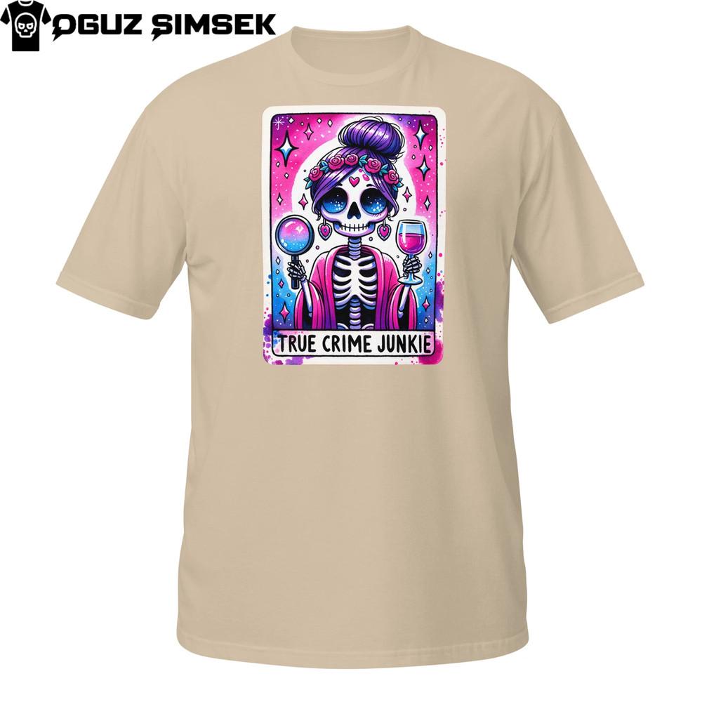 True Crime Junkie T-Shirt | Gothic Skeleton Tarot Design | Wine and Mystery Tee