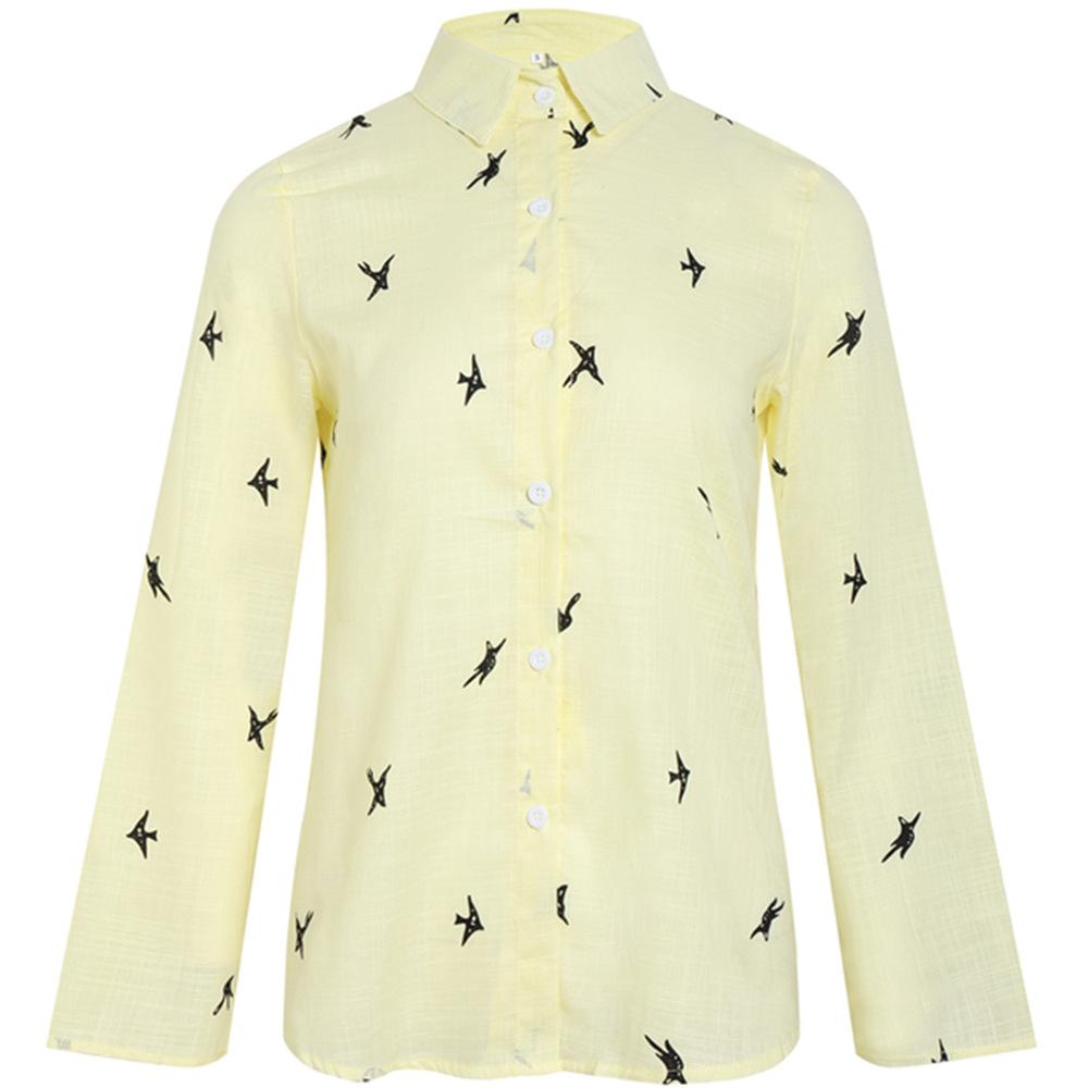 Весенне-осенние женские хлопковые льняные топы, рубашка на пуговицах с лацканами, большие размеры, свободные рубашки с длинными рукавами с принтом птиц