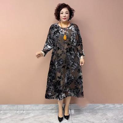 Женское платье из золотого бархата Платье большого размера с круглым вырезом и принтом Длинные шелковые платья с цветочным узором Весна Осень