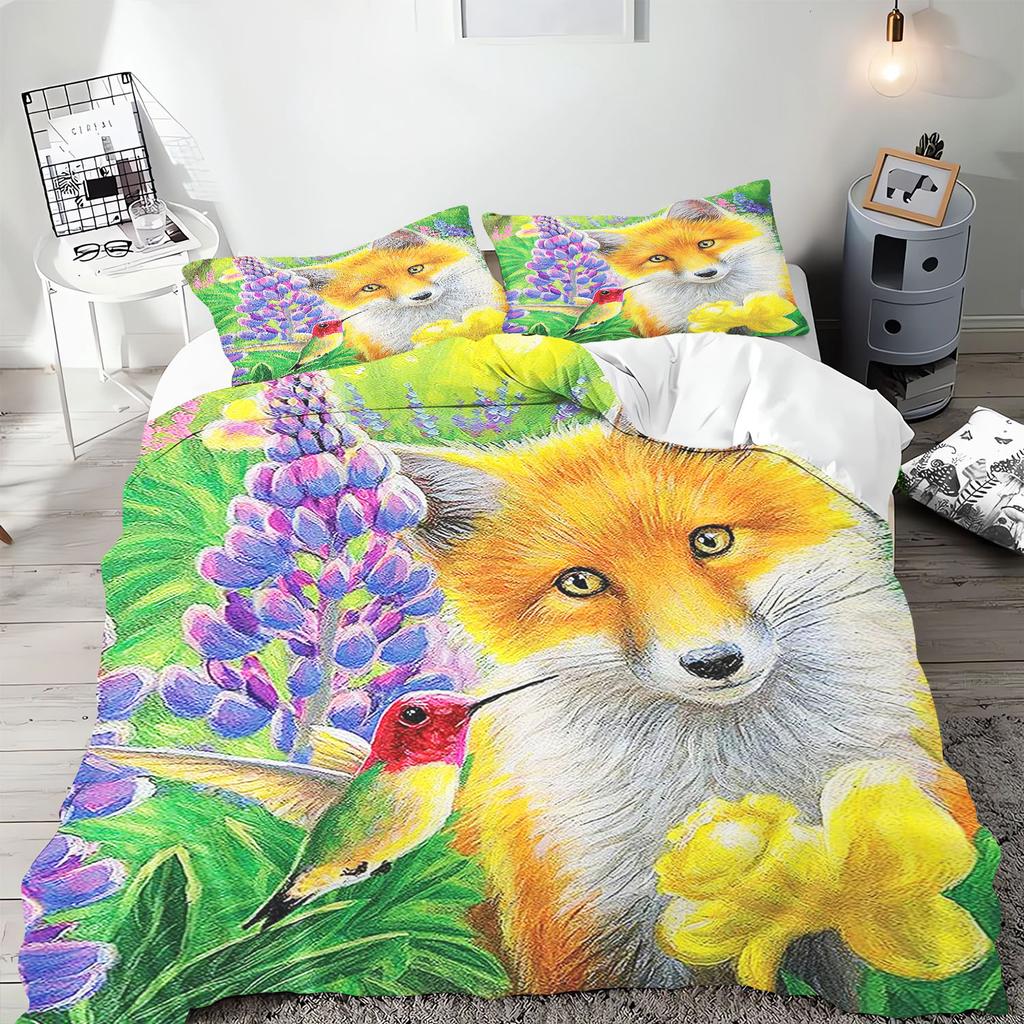 Аниме Мультфильм Животное Лиса Пододеяльник Постельное белье Наволочка С принтом Детский и Взрослый Набор Размер Квин Реактивная печать Одеяло