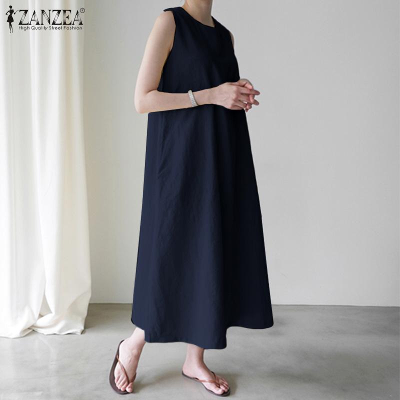ZANZEA Женское повседневное повседневное однотонное платье без рукавов с круглым вырезом