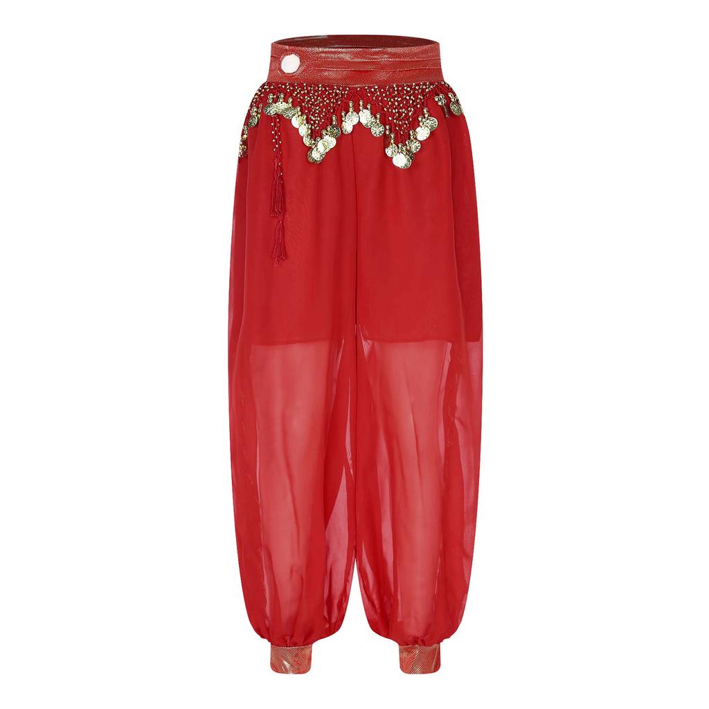 Womens Belly Dance Costume Chiffon Bloomers Plastic Beads Tassels Metallic Ruched Waistband Side Split Pants