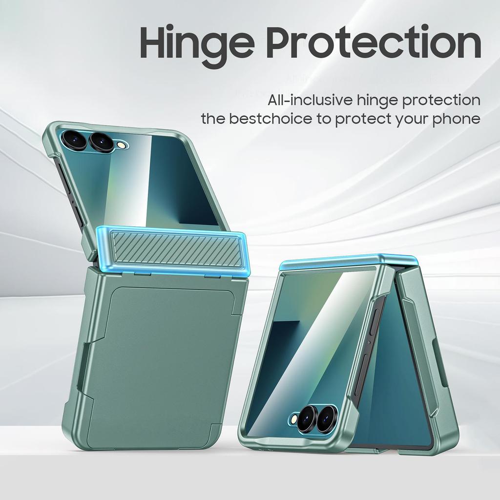 Для Samsung Galaxy Z Flip 7 с держателем для карт [RFID-блокировка] и защитой шарнира и HD-защитой экрана, Прочный противоударный чехол для телефона - Мятно-зеленый