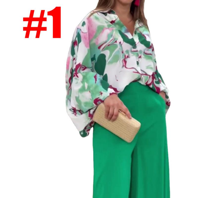 Women's Sets Casual Loose Plus Size Lapel Printed Long Sleeve Shirt Solid Color High Waist Wide Leg Pants