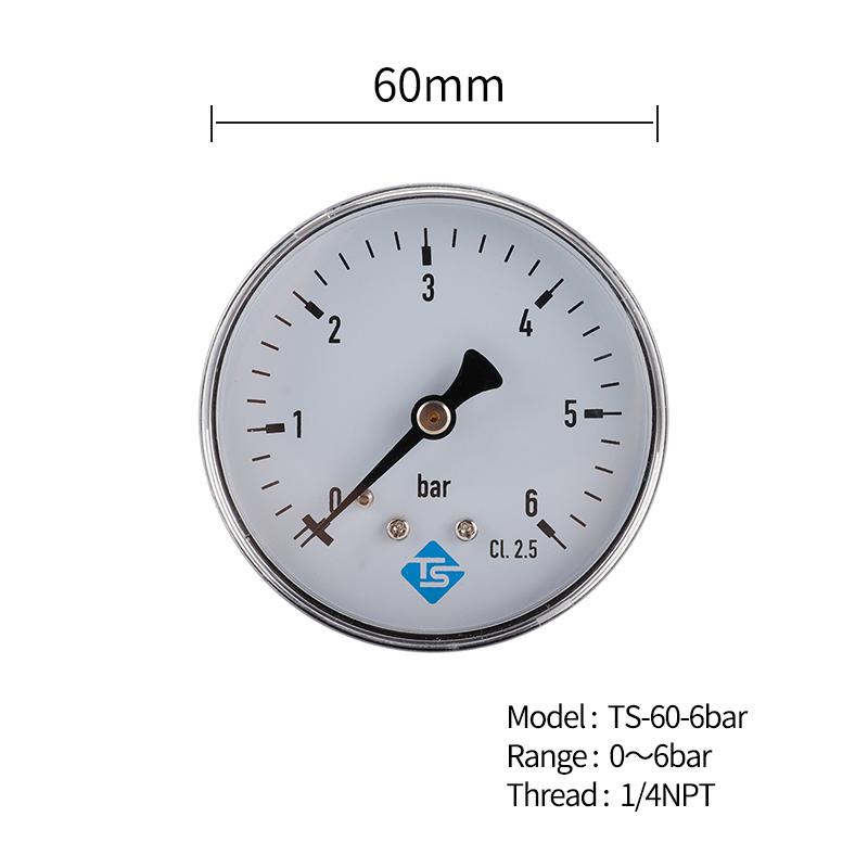TS-60-6bar High Precision 60mm Large Dial Pressure Gauge 0-6 Bar Water/Gas/Air Pressure Measurement Tool with 1/4'' NPT Bottom Mount