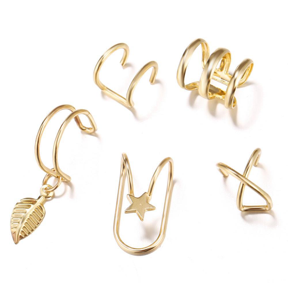 European-American Style 5-Piece Leaf Cartilage Ear Cuff Set - Fashionable, Creative, Non-Pierced Double-Layer Earrings