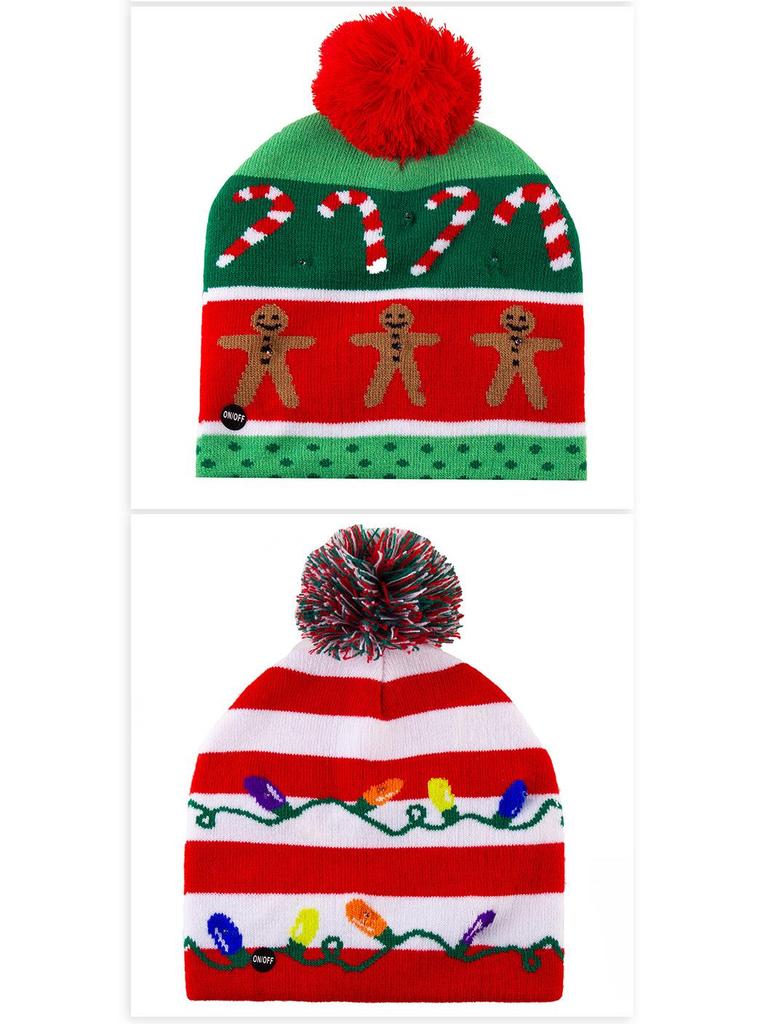 Festive Knitted Jacquard Pom-Pom Christmas Hat with Lights