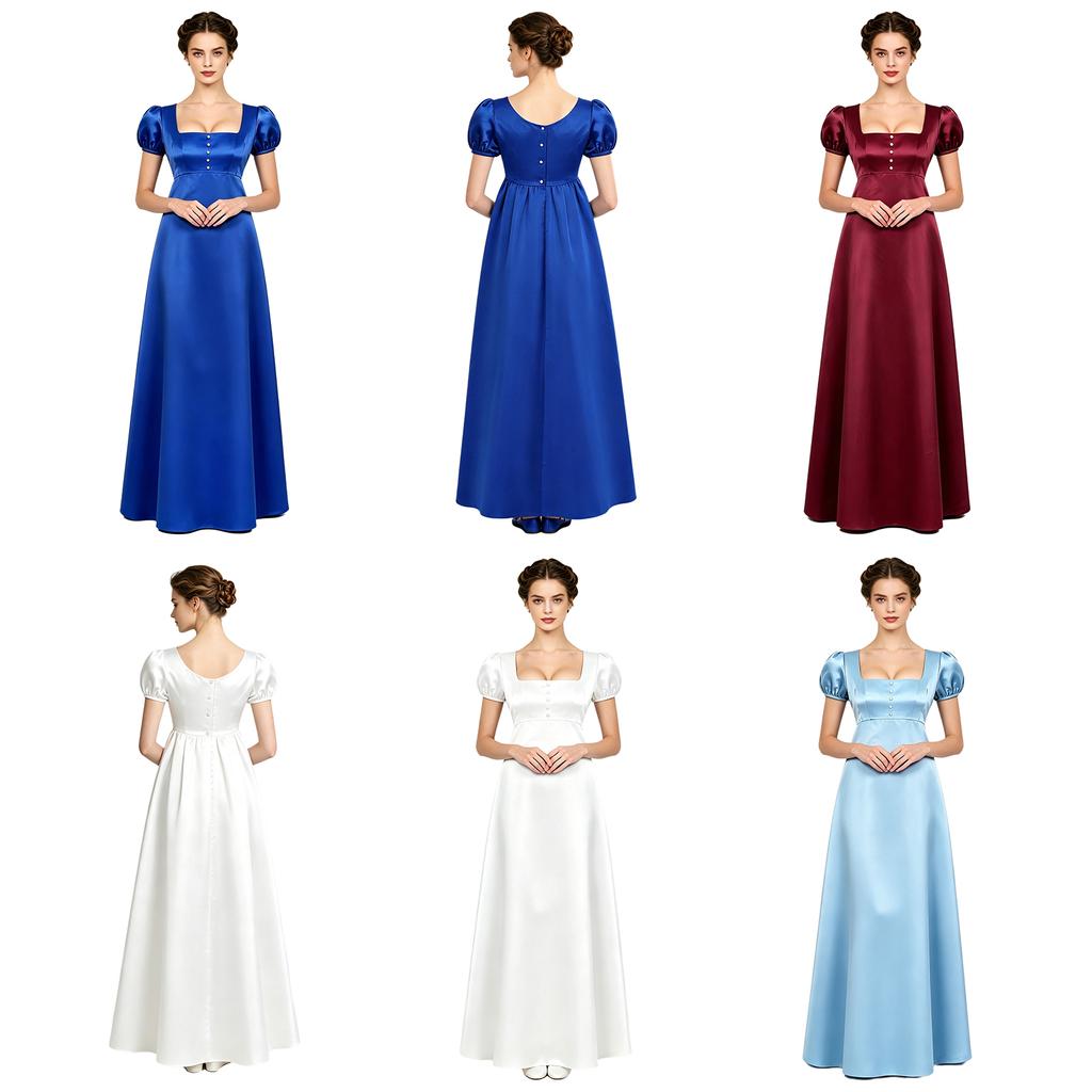 Square Neck Puff Sleeve Maxi Dress with Faux Pearls Empire Waist Back Button Satin Regency Gown for Women Party Ball