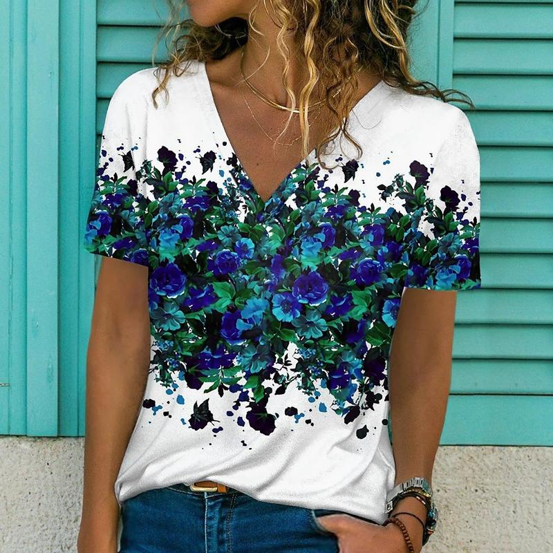 Футболка с цветочным принтом и блестками, 3D принт, новая женская футболка с v-образным вырезом и короткими рукавами, топы Y2k, уличная одежда, большие футболки в стиле Харадзюку, женская одежда