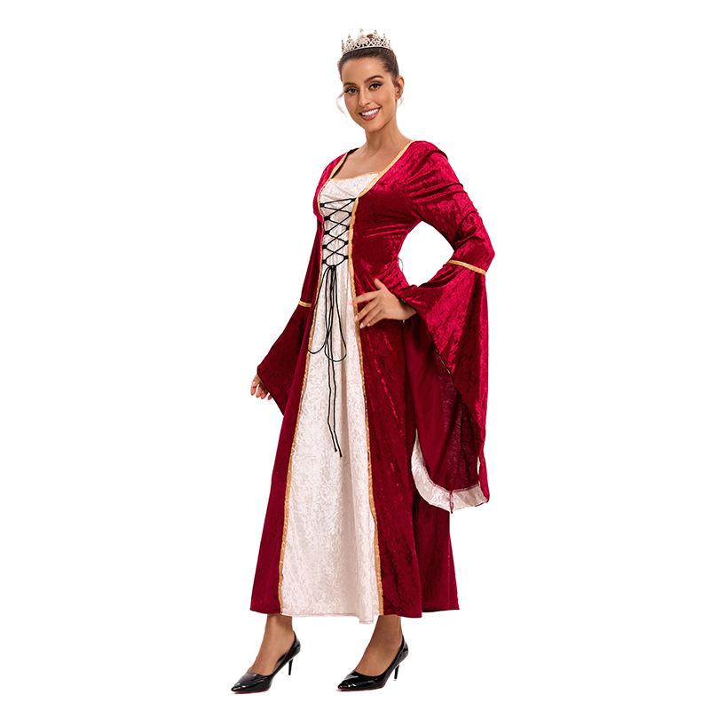 Plus Size Women's Golden Velvet Straps Flared Sleeves Vintage Medieval Dress Stage Performance Clothing