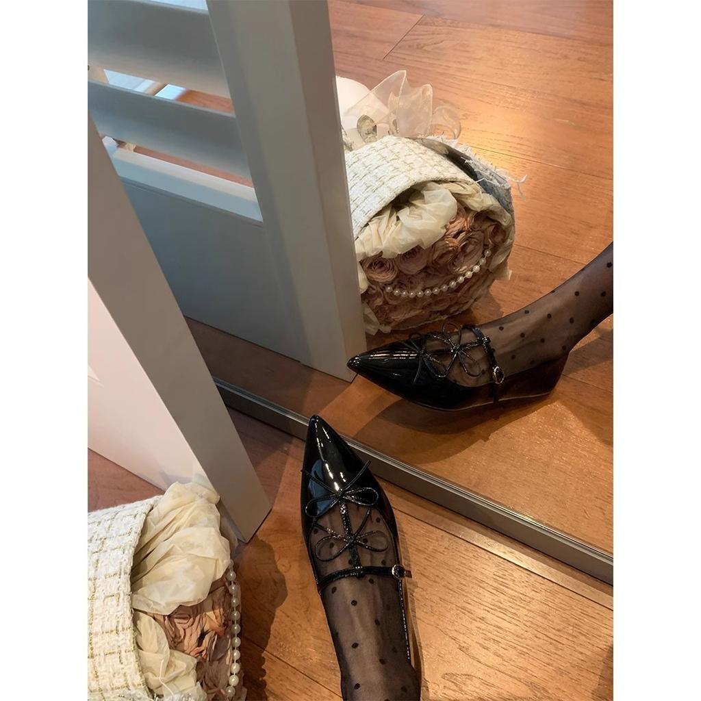 Hepburn Dinner Party~ Pointed Bow Light Mouth Flat Bottom Mary Jane Single Shoes Women's Banquet Shoes