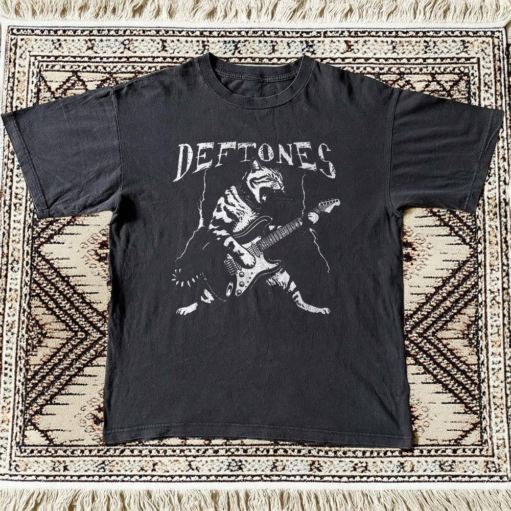 ГОРЯЧАЯ Новая Deftones Кот Играет на Гитаре Рок Черная Хлопковая Футболка Унисекс Футболка