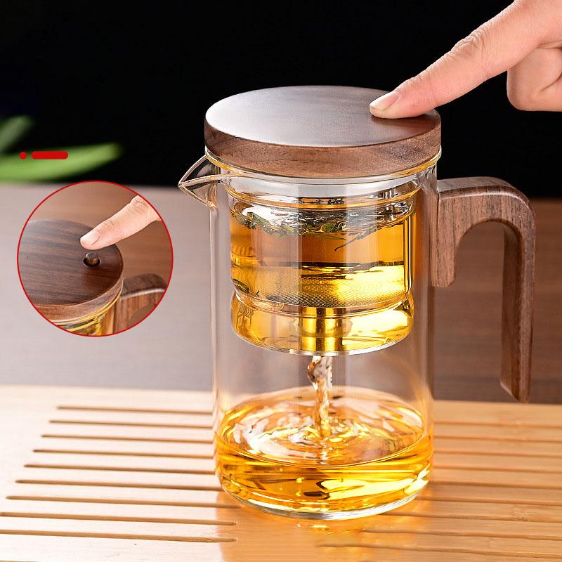New Water Separation Inner Container Teapot One Click Magnetic Switch Tea Separation Filtration Glass Tea Pot Wood Handle Tea