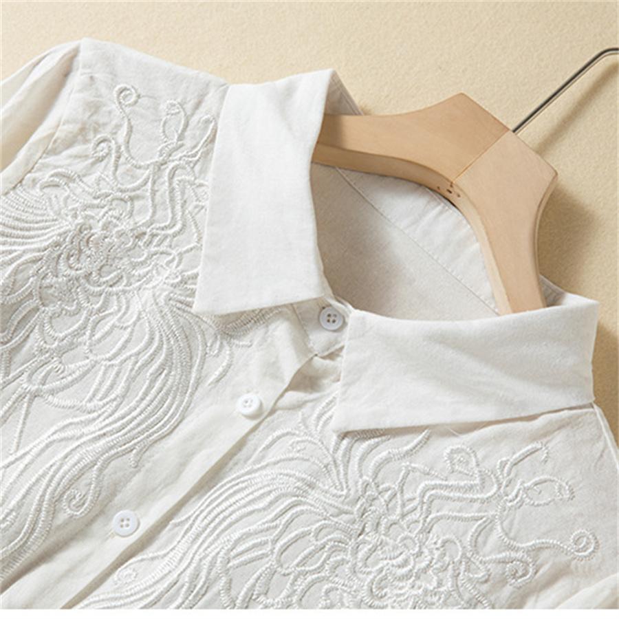 Хлопково-льняная блузка с вышивкой, однотонная весенне-осенняя рубашка на пуговицах, повседневный свободный топ с длинными рукавами с лацканами для женщин