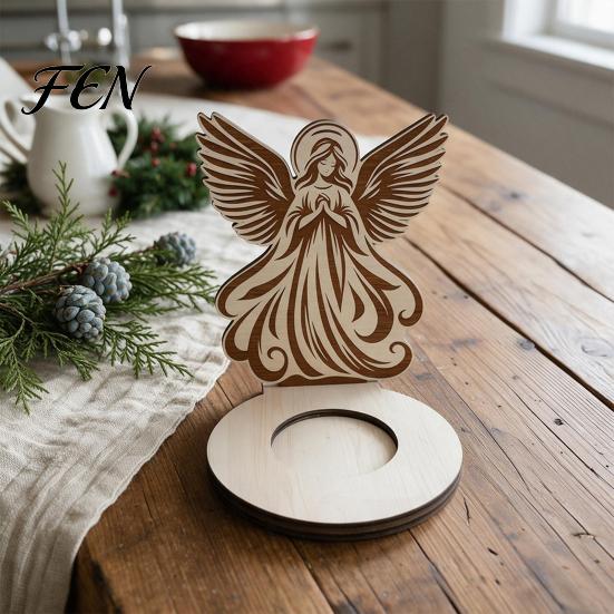 Holiday Home Decorations Wooden Candle Holder, Praying Angel Tabletop Tealight Stand, Religious Poplar Plywood Ornaments Decorative Candlestick