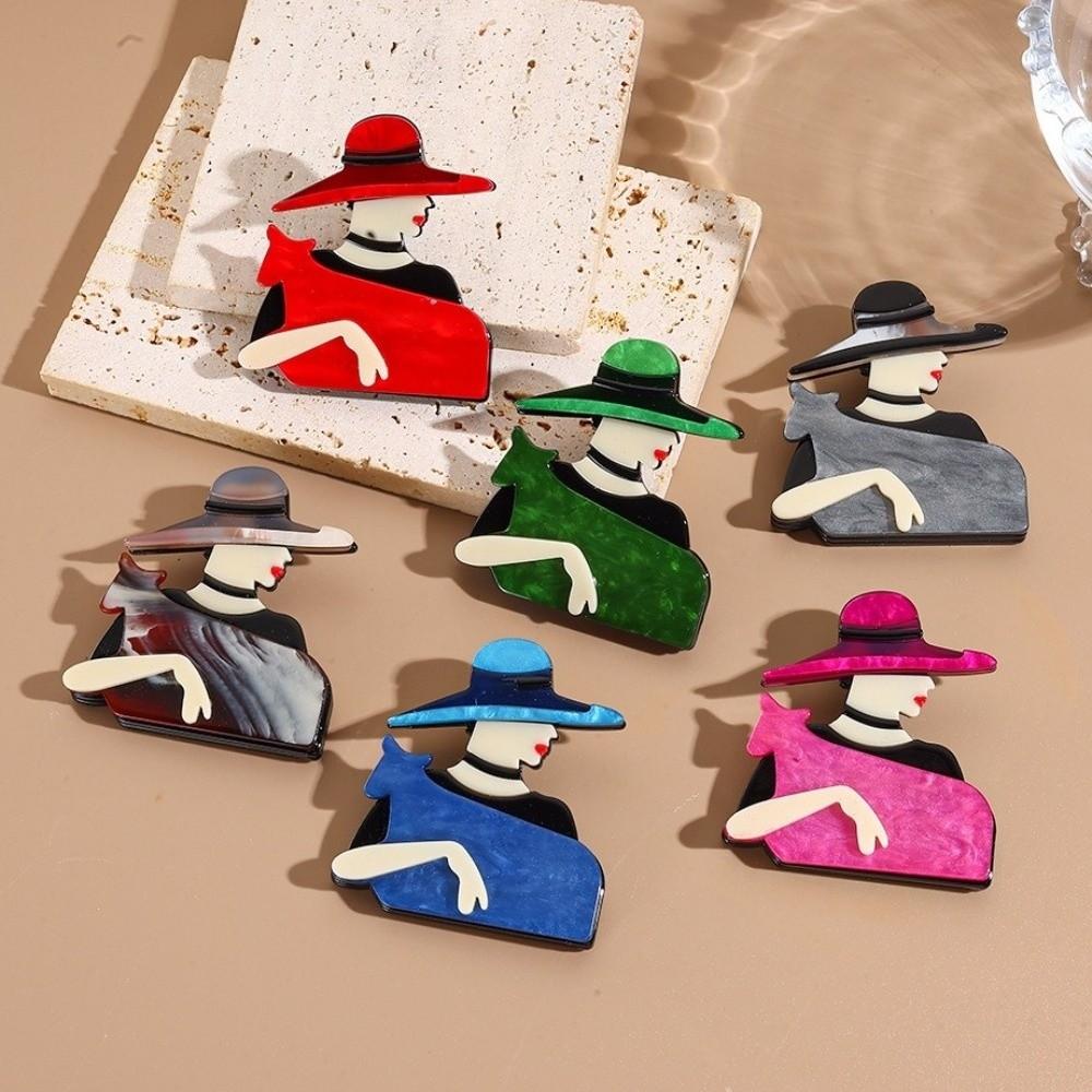 Large Women Portrait Pin Acrylic Coat Badge Cute Lady with Hat Brooch Clothing Accessories