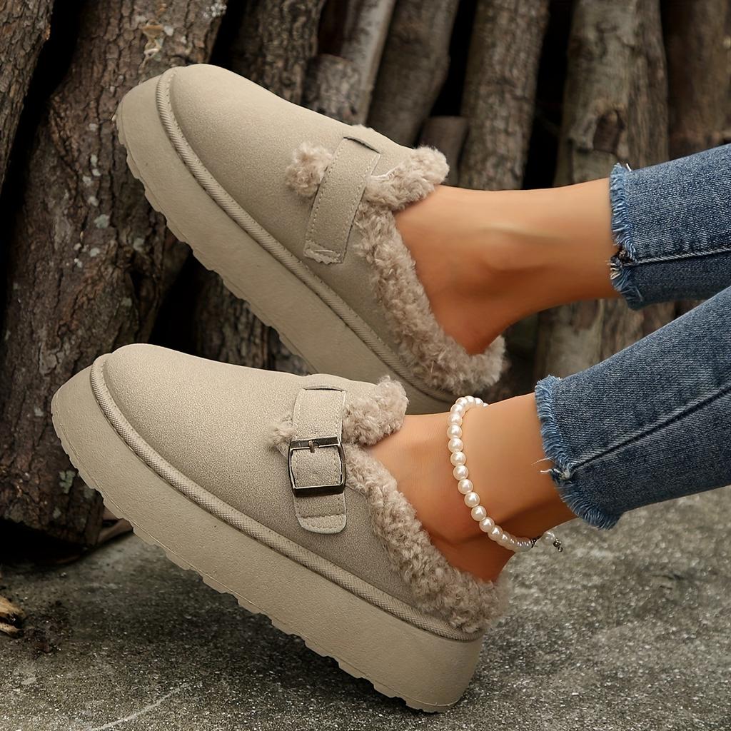 Женские однотонные короткие ботинки, повседневные, с пряжкой, с плюшевой подкладкой, удобные ботильоны для зимы