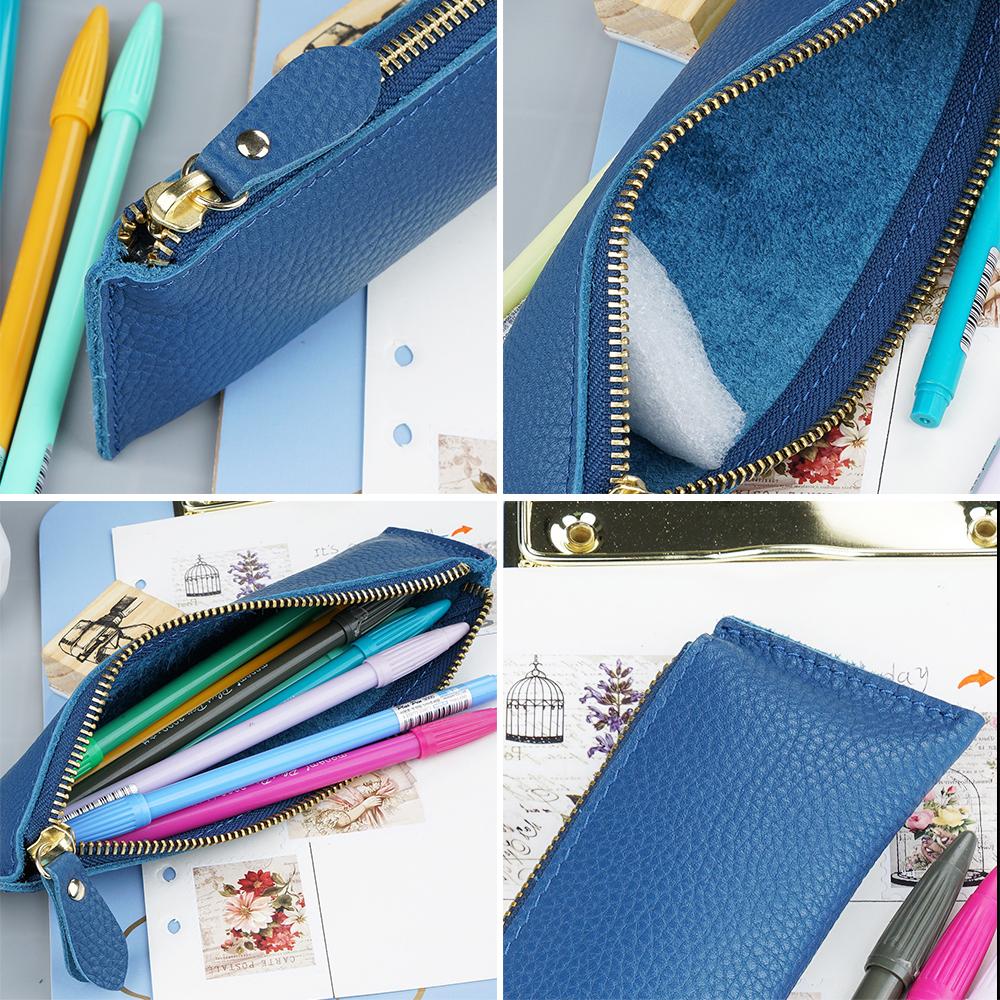 AIGUONIU Genuine Leather Zipper Pen Pencil Case Bag Litchi Embossed Creative School Stationery Lined with Soft Microfiber