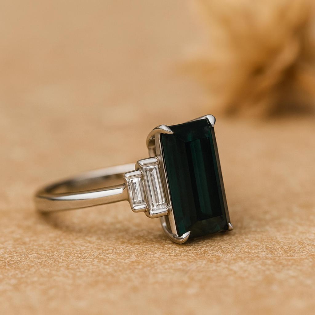 Emerald Cut Emerald Ring for Women | Baguette Cubic Zirconia Side Stones | 925 Sterling Silver Statement Ring | Wedding, Engagement, Anniversary Gift