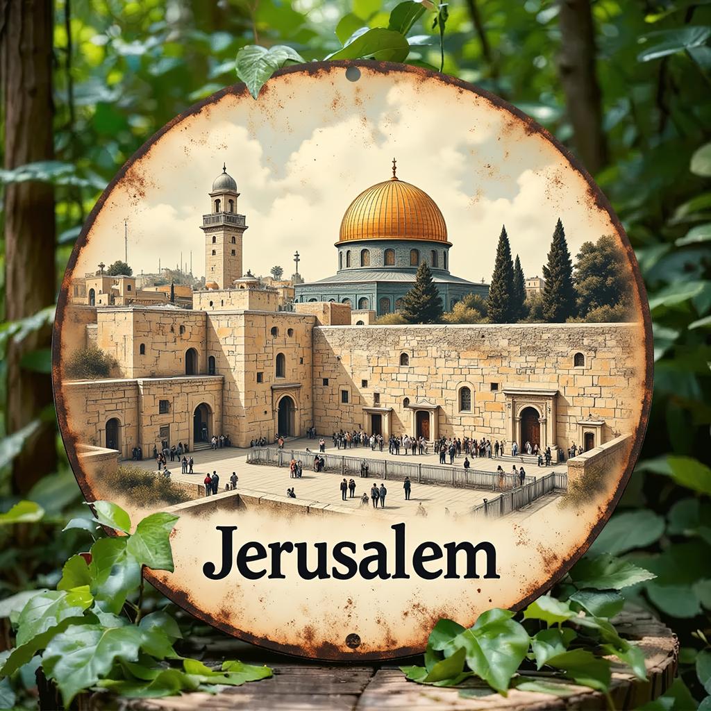 Vintage Jerusalem Dome of the Rock Western Wall Round Metal Tin Sign Holy Land Travel Themed Wall Decor for Home Study Rel