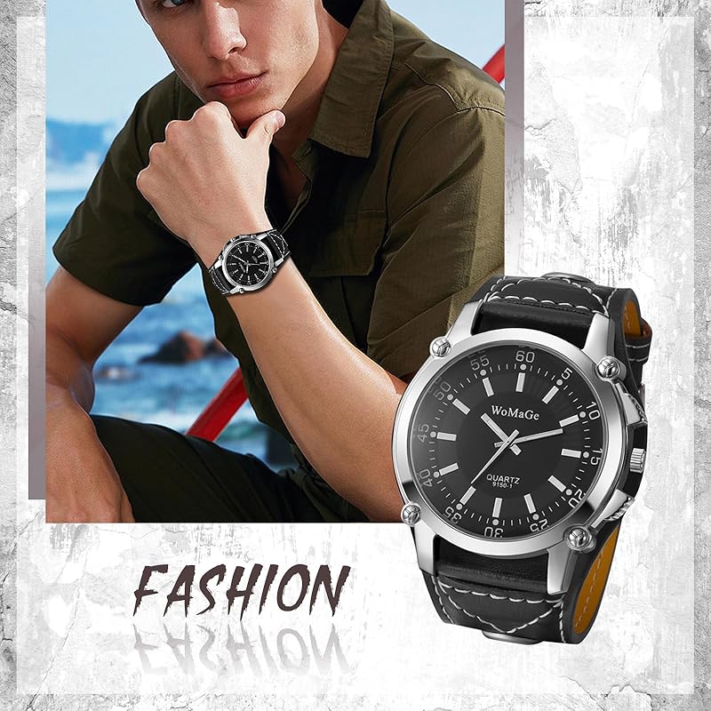 Часы мужские кожаные ремень рок водонепроницаемый: аналоговые стимпанк велосипед кожаный ремень широкие черные кварцевые часы модные часы - день отца день рождения Рождество