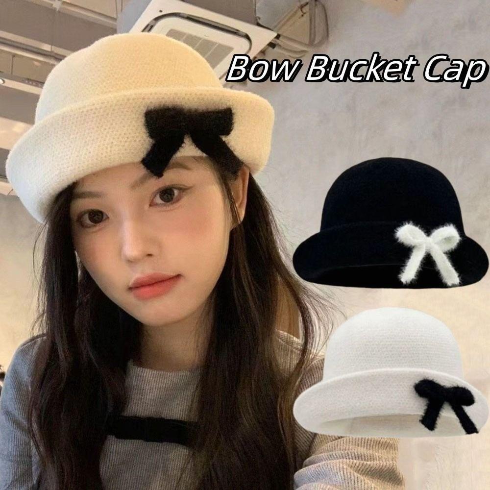 Korean Style Woolen Fishing Cap Knit Women Bucket Hat Fashion Bow Bucket Cap  Spring Summer