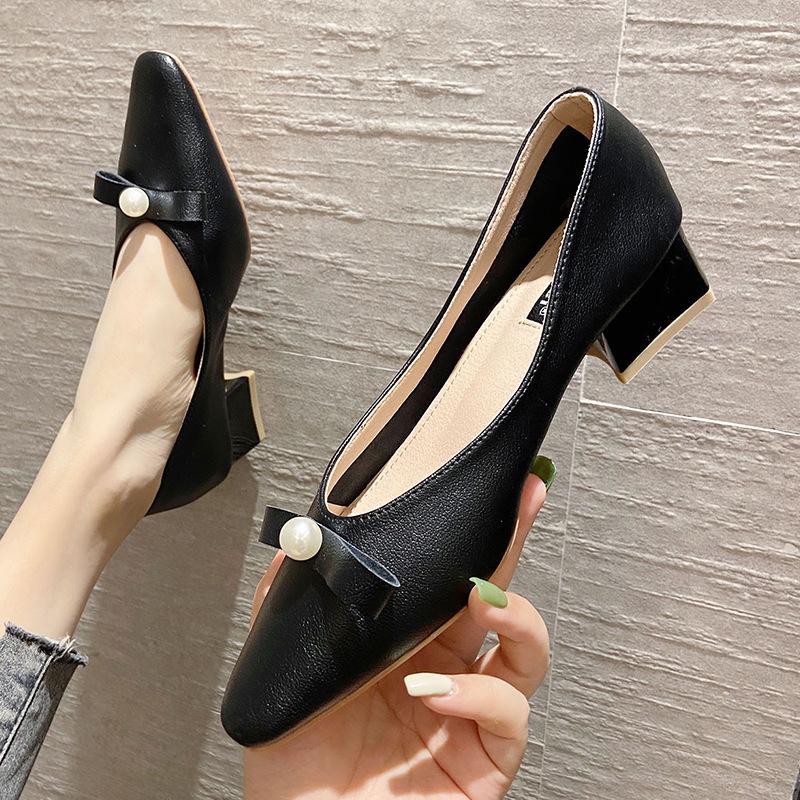 Thick Heel Professional Shoes Women New Korean Style Bowknot Pearl Shoes Women