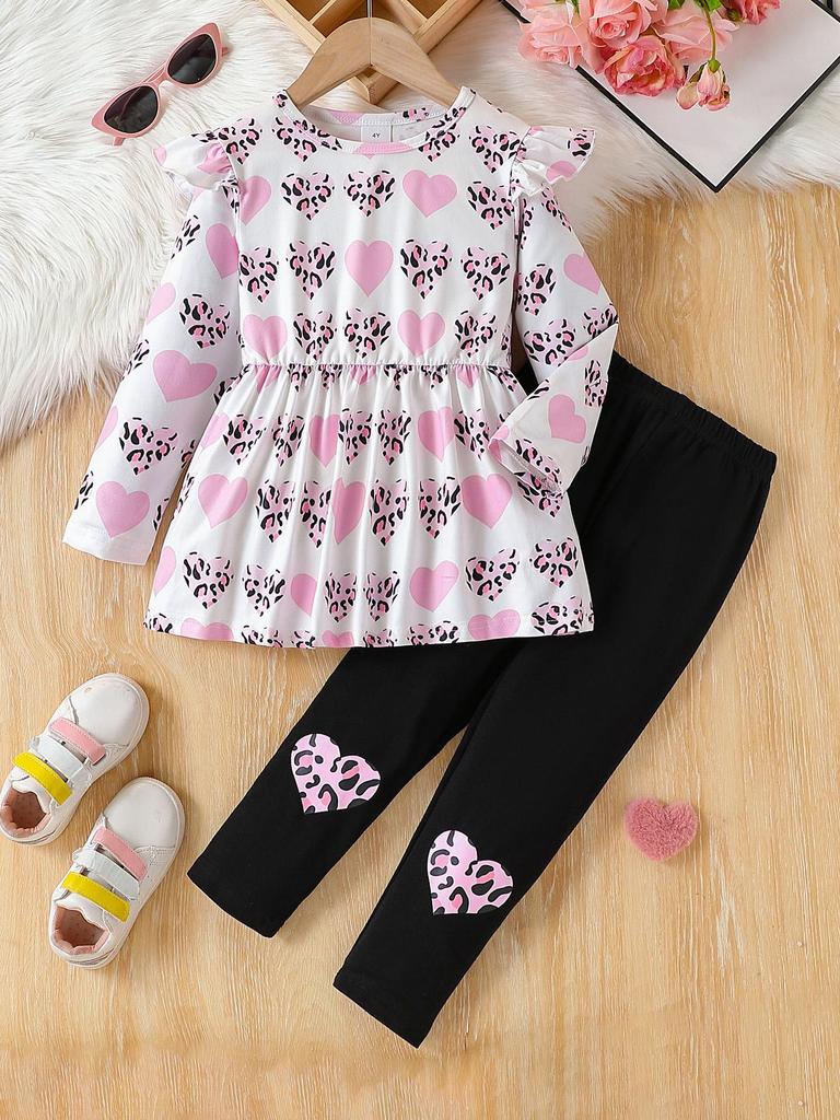 Girls 2 Piece Outfit 4-7Y Pink Leopard Heart Print Top and Black Leggings Sweet Cool Style Kids Clothing Set fit Kids Daily Wear