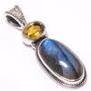 Натуральный лабрадорит, цитрин 925 пробы серебро кулон 1,38" V2Y02