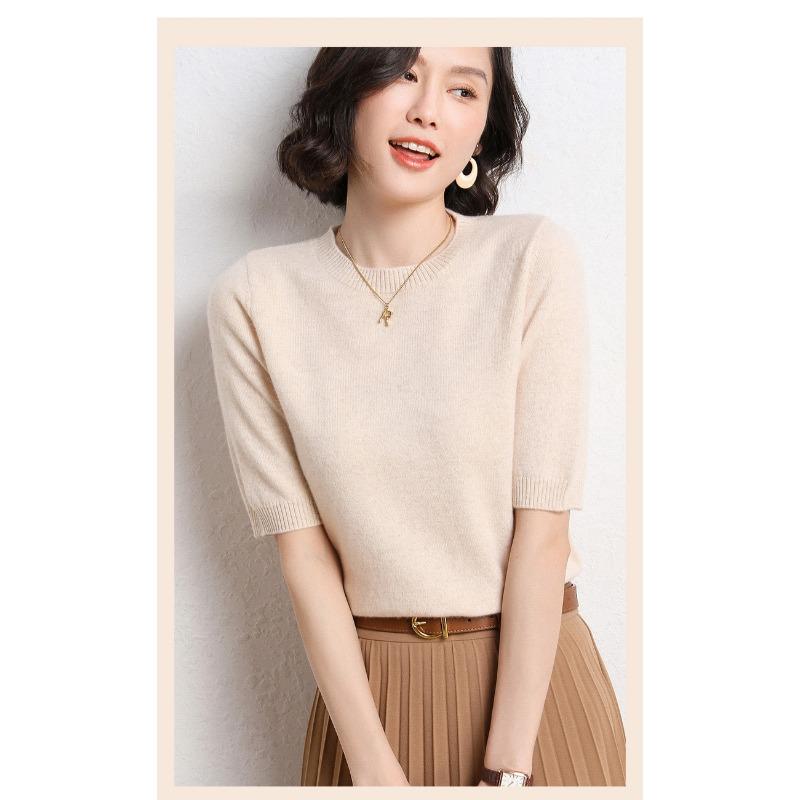 Женский свитер с круглым вырезом, шерстяной свитер с короткими рукавами, однотонный, для поездок на работу, простой, повседневный, трикотажный низ рубашки, теплый, удобный, на осень