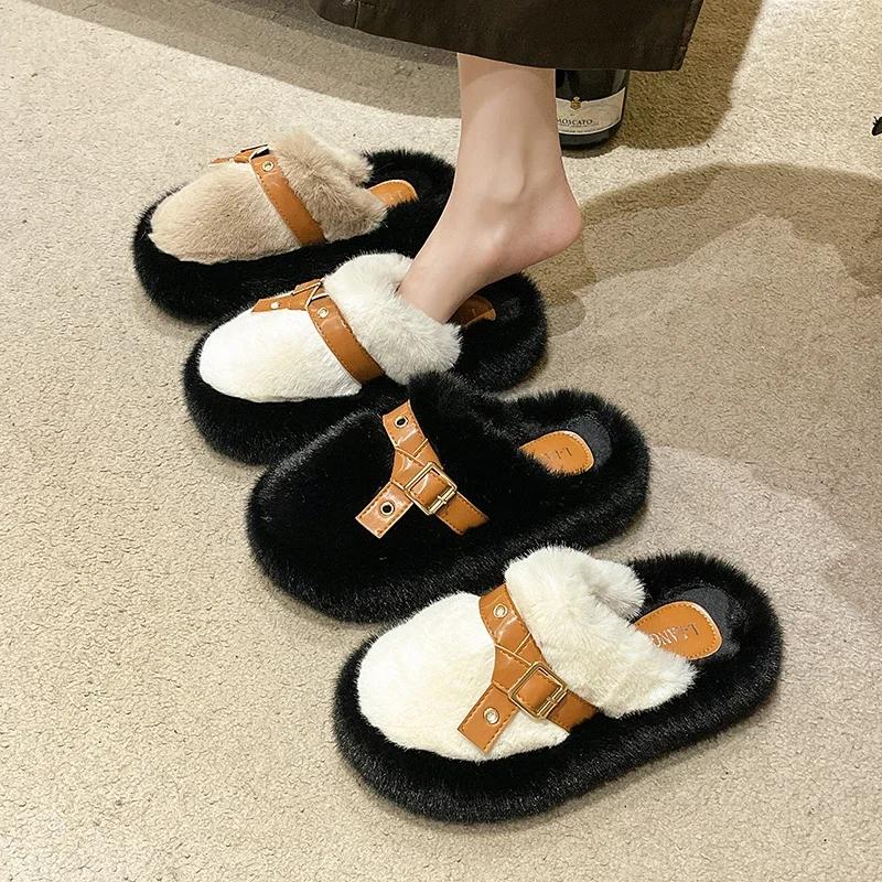 Fashion Slippers Women's Eyelet Buckled Fluffy Winter Slippers Winter Lady Thick Bottom Shoes Thick Flat Bottom Outerwear Plush Slippers