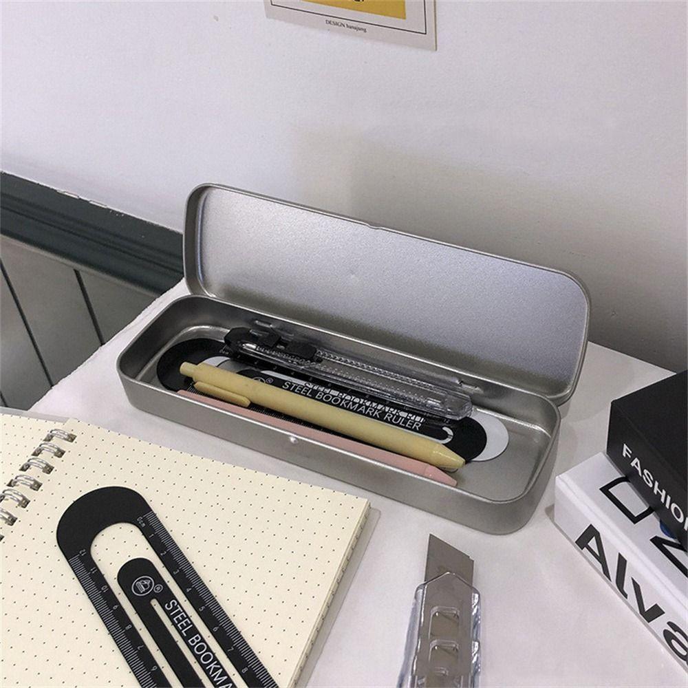 Office Silver Metal Single Layer Pen Box Stationery Box Pencil Storage Box Pencil Box Pencil Case