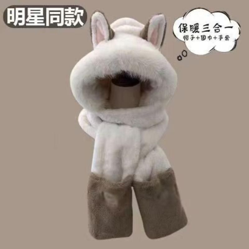 Winter New Fire Fox Plush Hat Scarf Women's Gloves Integrated Three-piece Set Student Warm Thickened Hat